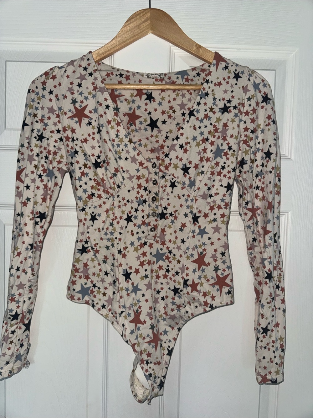 Free People Cream Star-Print Long Sleeve One-Piece Bodysuit - Red Blue Tan Black